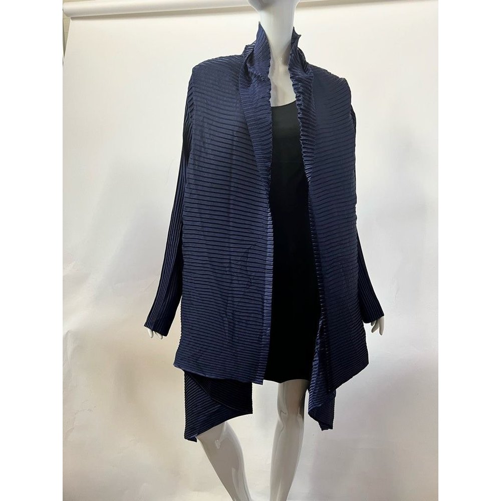 Peter O. Mahler Womens Tunic Cardigan Top Blue Long Sleeve Pleated Open Front  3